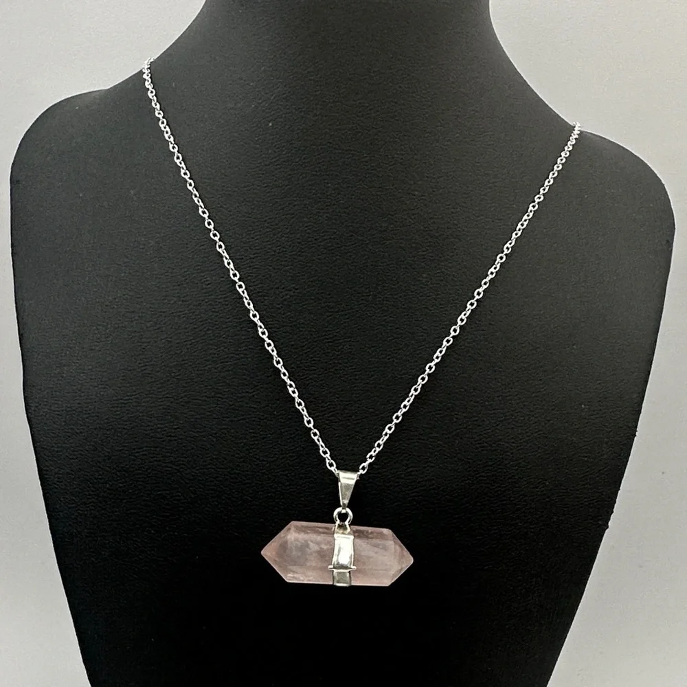 Double Terminated Rose Quartz Pendant on Silver Box Chain - Picture 7 of 8
